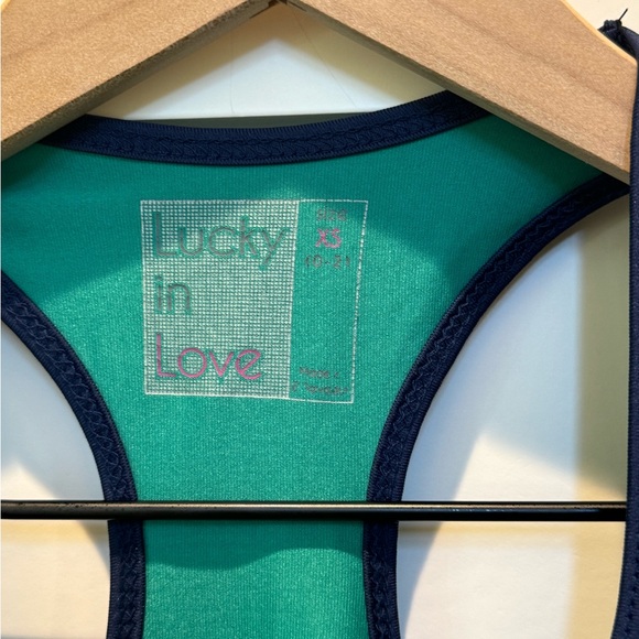 Lucky In Love Racerback Women’s Tank Top XS Blue Green White Tennis Work… - Picture 2 of 5